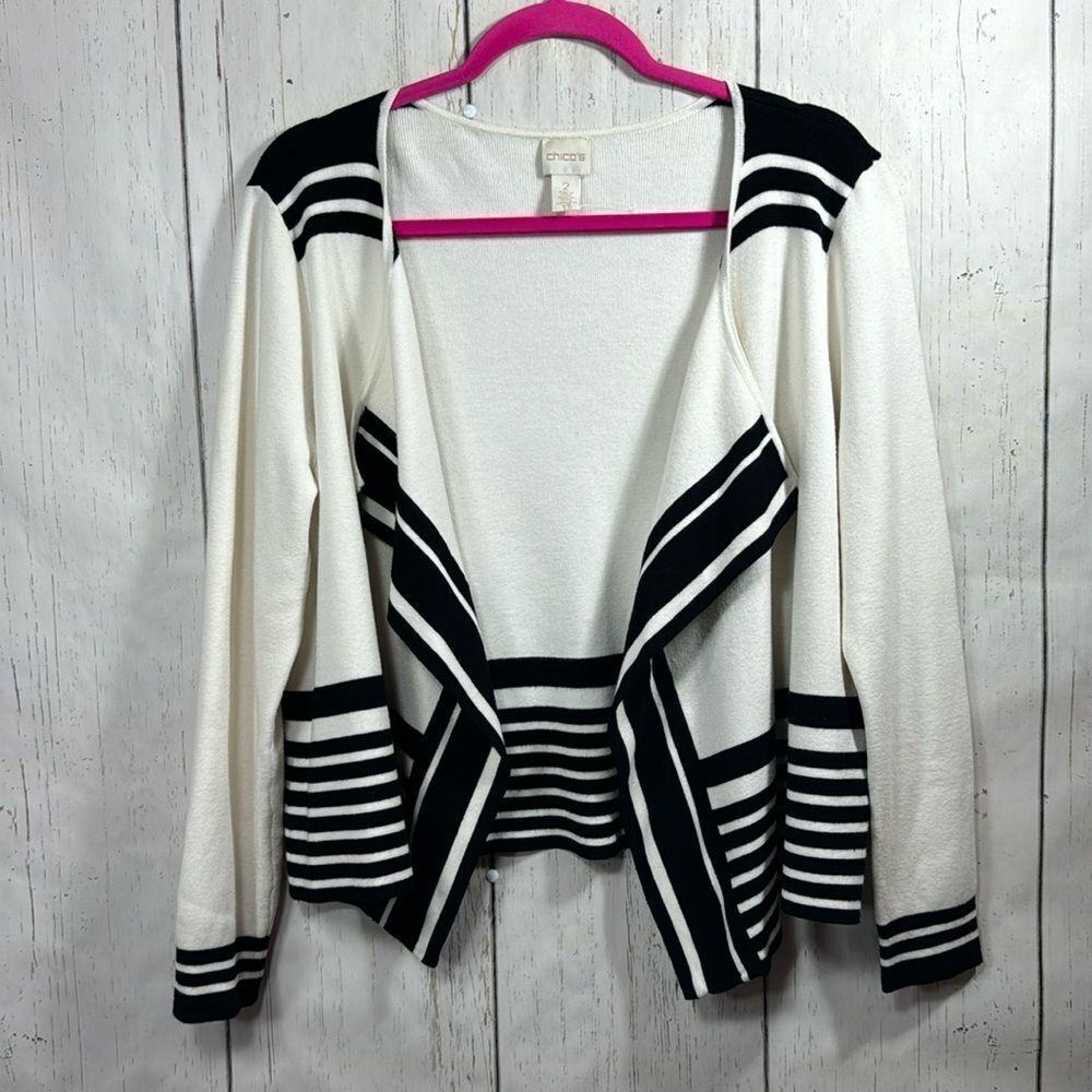 Chicos Cream Black Striped Open Front Cardigan Minimalist Office Casual Timeless